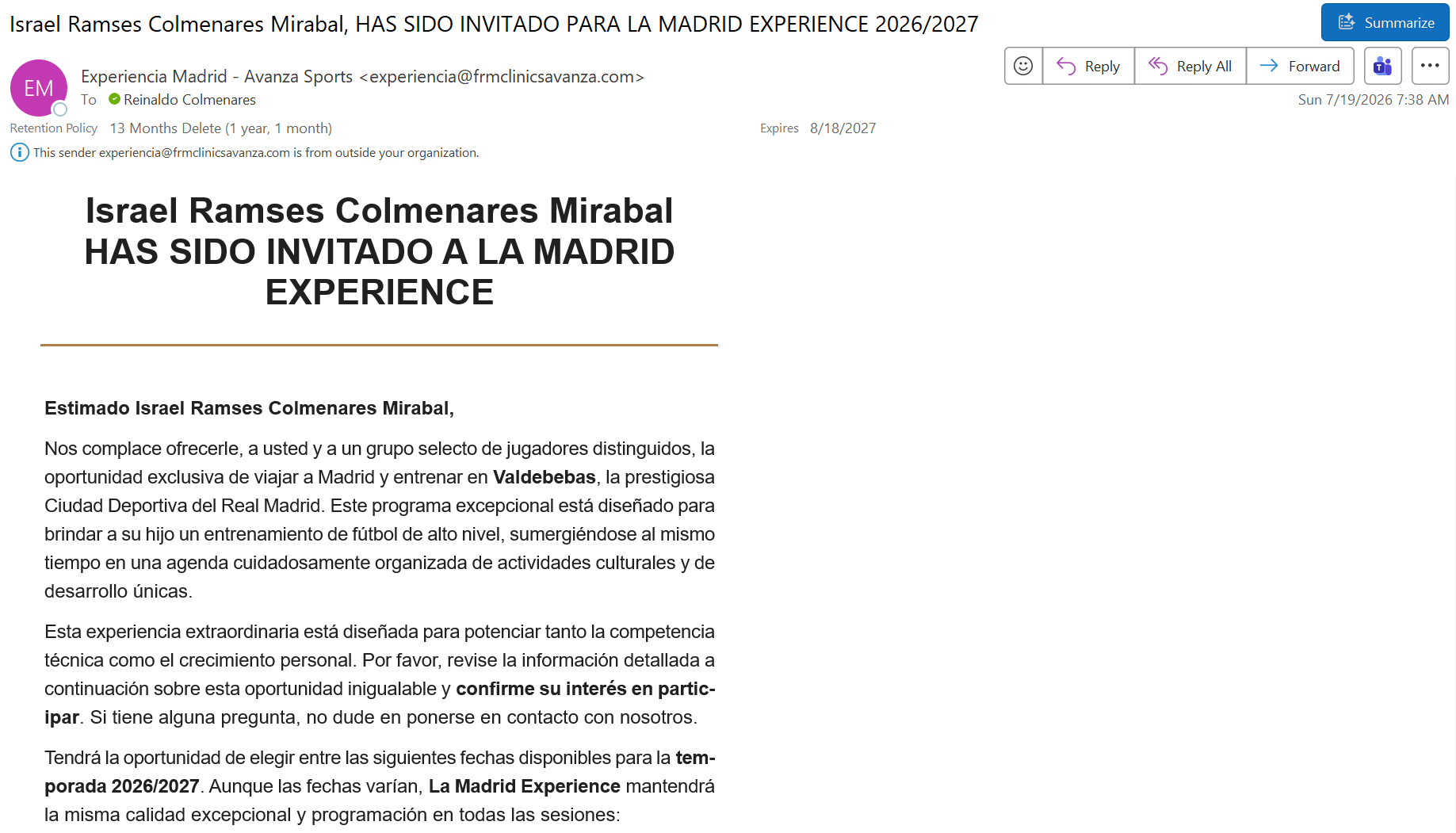 Correo de invitación a la Madrid Experience