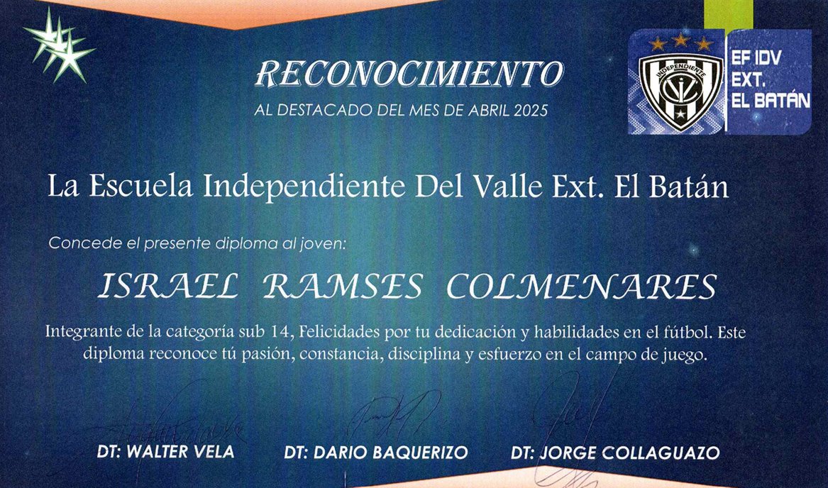 Reconocimiento de IDV a Israel Colmenares